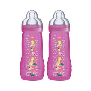 MAM Biberon Easy Active 2ème âge Coloré - 330ml - à partir de 6 mois - Tétine Débit X - Lot de 2 - Fille