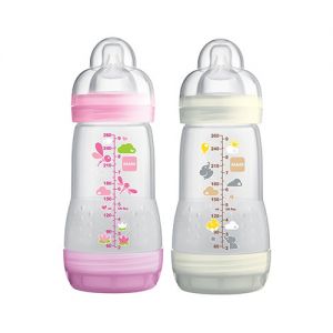 MAM Biberon Easy Start Anti-Colique - 260ml - 0 à 6 mois - Tétine Débit 2 - Lot de 2 - Fille